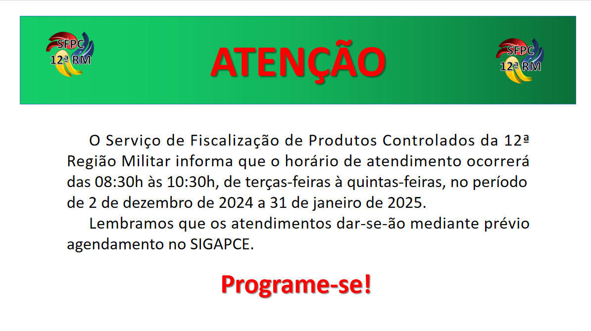 Horário de atendimento SFPC/12 em DEZ 24 e JAN 25